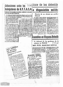 Recortes de prensa sobre las marchas lentas en Hytasa y CASA y la asamblea en Hispano Aviación.