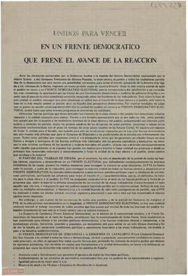 “Unidos para vencer en un frente democrático que frene el avance de la reacción”. Declaración de la Secretaría Política del Comité Central del PTE  de apoyo al Frente Democrático de Izquierdas y Esquerra de Catalunya.