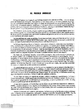 “Al pueblo andaluz”. Declaración del Comité Regional de Andalucía del PCOE  en la que se pide el “no” en el referéndum del 20 de octubre.