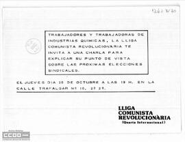“Trabajadores y trabajadoras de industrias químicas, la LCR te invita a una charla para explicar su punto de vista sobre las próximas elecciones sindicales…”