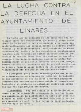 “La lucha contra la derecha en el Ayuntamiento de Linares”. Programa electoral del Movimiento Comunista de Andalucía-Organización de Izquierda Comunista de Andalucía