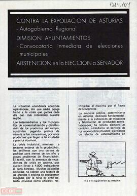 ] Contra la expoliación de Asturias: autogobierno regional ... abstención en la elección a Senador. Folleto del Comité Regional de Asturias de la OCE (Bandera Roja)
