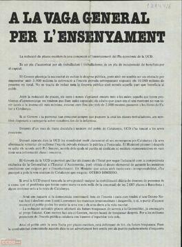 “A la vaga general per l’ensenyament”. Llamamiento del Comitè Nacional del Moviment Comunista de Catalunya a la participación en la huelga general por la enseñanza pública de Catalunya