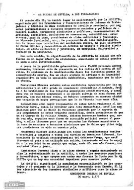 Llamamiento de las Comisiones Obreras de Sevilla para seguir manteniendo la reivindicación de la amnistía