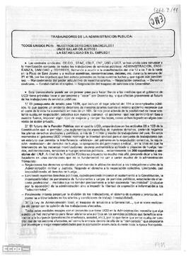 “Trabajadores de la Administración Pública, todos unidos por: nuestros derechos sindicales, unos salarios justos, la estabilidad en el empleo. Llamamiento del Comité de Administración Pública de la LCR a la manifestación del jueves 17 de mayo
