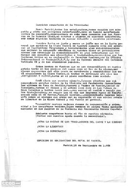 Carta de la Comisión de Solidaridad del Metal de Madrid a los compañeros de la Rinconada solidarizándose con su lucha.