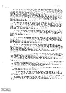 Comunicado de la Coordinadora del Metal de las Comisiones Obreras de Sevilla sobre la necesidad de la acción democrática como medio de ruptura del sistema político y sindical.