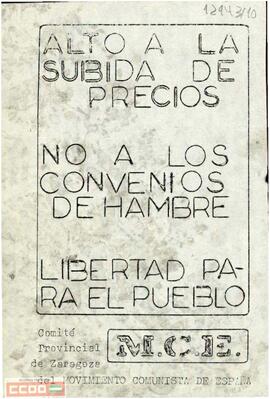 “Alto a la subida de precios. No a los convenios de hambre. Libertad para el pueblo”. Octavilla del Comité Provincial de Zaragoza del Movimiento Comunista de España