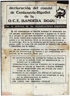 “¡Por la defensa de las reivindicaciones populares!”. Declaración del Comité de Cerdanyola-Ripollet de la OCE (Bandera Roja)