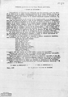 Llamamiento de las Comisiones Obreras de Sevilla para intensificar las acciones y exigir la libertad de los detenidos en las jornadas del 30 de abril y 1º de mayo.