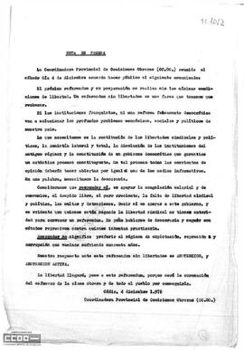 Nota de prensa de la Coordinadora Provincial de CCOO en la que pide la abstención activa en el referéndum del 15 de diciembre de 1976