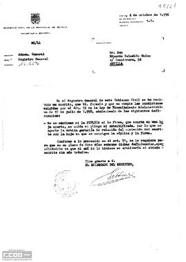 Carta del Registro General del Gobierno Civil de Sevilla a Eduardo Saborido comunicándole las deficiencias en el escrito presentado.