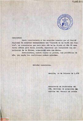 Carta de la Secretaría de Propaganda del Comité Regional de Andalucía del PTE.