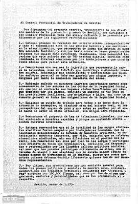 Copia del escrito de los trabajadores sevillanos al Consejo Provincial de Trabajadores en el que solicitan el apoyo a sus reivindicaciones