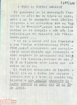 “A todo el pueblo andaluz: el gobierno… El Partido Comunista de España (m-l) llama… a una amplia campaña de lucha contra el paro del 20 al 30 de junio”