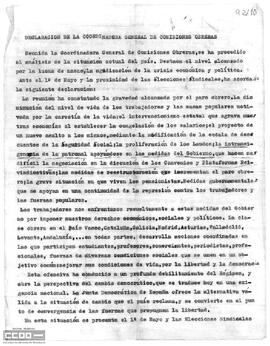 “Declaración de la Coordinadora General de Comisiones Obreras”. Análisis de la situación del país.