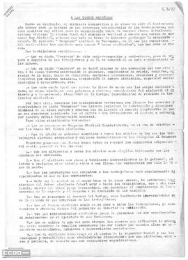 “A las Cortes Españolas”. Escrito de los trabajadores en el que consideran necesaria la convocatoria de un congreso sindical constituyente.