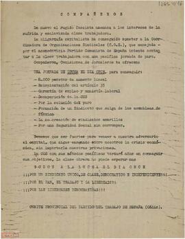 “Compañeros”. Llamamiento del Comité Provincial de Cádiz del PTE  a la lucha el día once.