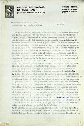 Proyecto de resoluciones sobre la situación preautonómica y el futuro autonómico del pueblo andaluz. Presentado al Pleno del Comité Central del PTA por Tomás Iglesias.