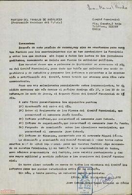 Convocatoria y orden del día del II Pleno del Comité Provincial de Cádiz del PTA.