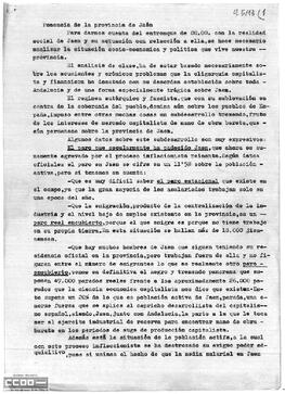 Análisis de la situación socio-económica y política de la provincia de Jaén. Ponencia de las Comisiones Obreras de Jaén.