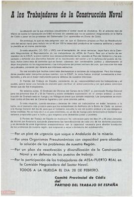 “A los trabajadores de la construcción naval”. Llamamiento del Comité Provincial de Cádiz del PTE a la participación en la huelga del día 28 de febrero.