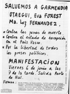 “Salvemos a Garmendia, Otaegui, Eva Forest ... manifestación viernes 6 de junio...”. PCOE y otras organizaciones.