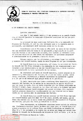 Carta de Enrique Líster a los miembros del Comité Central en la que le informa sobre lo tratado en la reunión del Comité Ejecutivo.