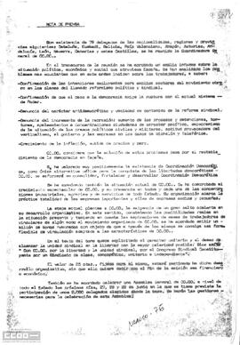 Nota de prensa sobre los acuerdos tomados en la reunión de la Coordinadora General de Comisiones Obreras.