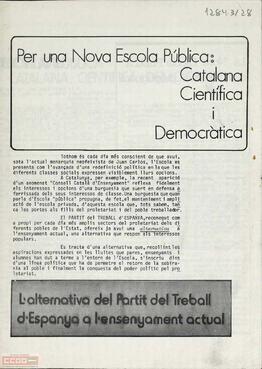 “Per una nova escola pública: catalana, científica i democràtica.  L’alternativa del Partit del Treball d’Espanya a l’ensenyament actual”. Secretaria d’Ensenyament del Comitè Nacional de Catalunya del PTE.