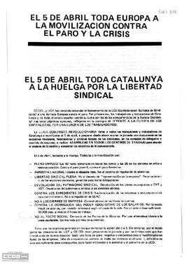 “El 5 de abril toda Europa a la movilización contra el paro y la crisis”. Llamamiento del Secretariat Nacional de Catalunya de la LCR a la participación en la movilización