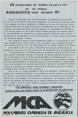 “25 detenciones no pueden callar la voz de un pueblo. Andalucía sigue gritando si”. Llamamiento del Movimiento Comunista de Andalucía para defender la autonomía plena para Andalucía
