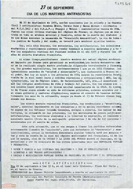 “27 de septiembre día de los mártires antifascistas”. Comité de Catalunya del Partido Comunista de España (marxista-leninista). Documento en español y catalán