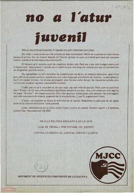 “No a l’atur juvenil”. Llamamiento del Moviment de Joventuts Comunistes de Catalunya en apoyo a la semana contra el paro impulsada por CC.OO