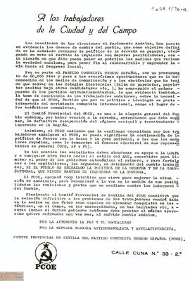 “A los trabajadores de la ciudad y el campo”. Declaración del Comité Provincial de Sevilla del PCOE sobre las elecciones al Parlamento de Andalucía.