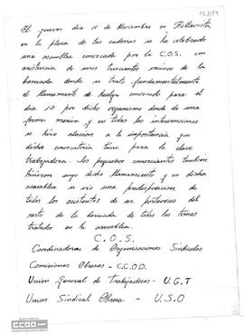 Comunicado sobre la celebración de una asamblea convocada por la COS en Bellavista.