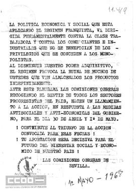Llamamiento de las Comisiones Obreras de Sevilla a la participación en las manifestaciones del 30 de abril y 1º de mayo