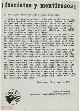 “¡Fascistas y mentirosos!”. Declaración del Comitè Nacional del Moviment Comunista de Cataluynya sobre el asalto al Banco Central.