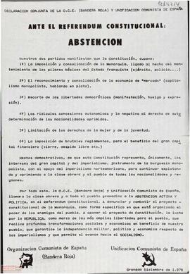 “Ante el Referéndum Constitucional: abstención”. Declaración conjunta de la OCE (BR) y Unificación Comunista de España