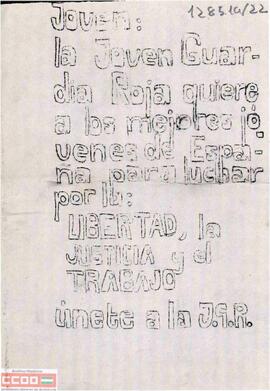 “Joven: la Joven Guardia Roja quiere a los mejores jóvenes de España para luchar por la libertad, la justicia y el trabajo. Únete a la JGR”