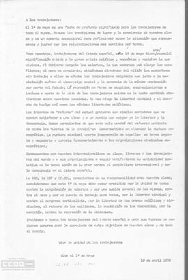 Comunicado de CC.OO., UGT y USO a los trabajadores para la participación en el 1º Mayo.