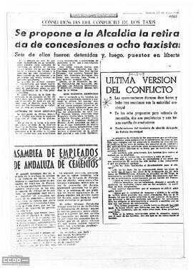 Recortes de prensa sobre la retirada de concesiones a ocho taxistas y la asamblea de empleados de Andaluza de Cementos.