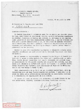 Carta del Secretario de Organización del Comité Central del PCOE al Comité de la Organización del PCOE en Sevilla en la que le solicita el envío de los datos de cada organización y de cada militante.
