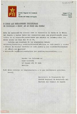 Circular de la Secretaria de Propaganda del Comité Regional de Andalucía del PTE a los responsables provinciales de promoción y venta de La Unión del Pueblo referente a la distribución del periódico.