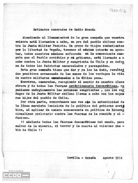 Carta de un grupo de combatientes a Radio Moscú en la que apoyan la campaña contra la Junta Militar de Chile.