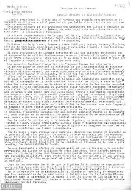 Circular de Francisco Acosta, Secretariado de la Unión Sindical de Comisiones Obreras de Sevilla y de Jaime Montes, Secretario de Finanzas, sobre la reunión de afiliación-finanzas.