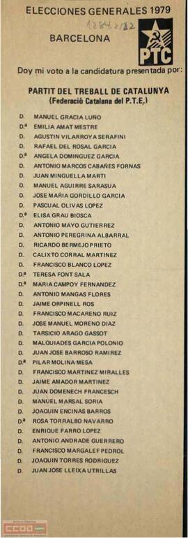 Papeleta de voto de la candidatura presentada por el PTC al Congreso por  Barcelona.