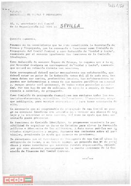 Carta de la Secretaría de Prensa y Propaganda del PCOE al  Secretario del Comité de la Organización del PCOE  en Sevilla en la que le informa sobre la constitución de la secretaría