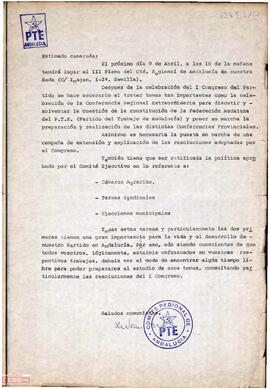 Convocatoria y orden del día del III Pleno de Comité Regional de Andalucía del PTE.