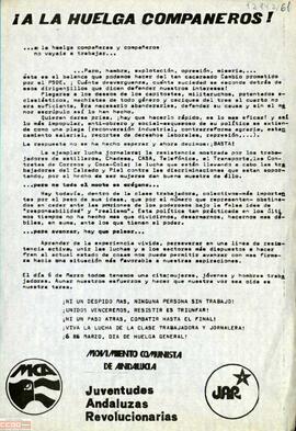 “¡A la huelga compañeros!”. Llamamiento del Movimiento Comunista de Andalucía y de las Juventudes Andaluzas Revolucionarias a la huelga general el 6 de marzo